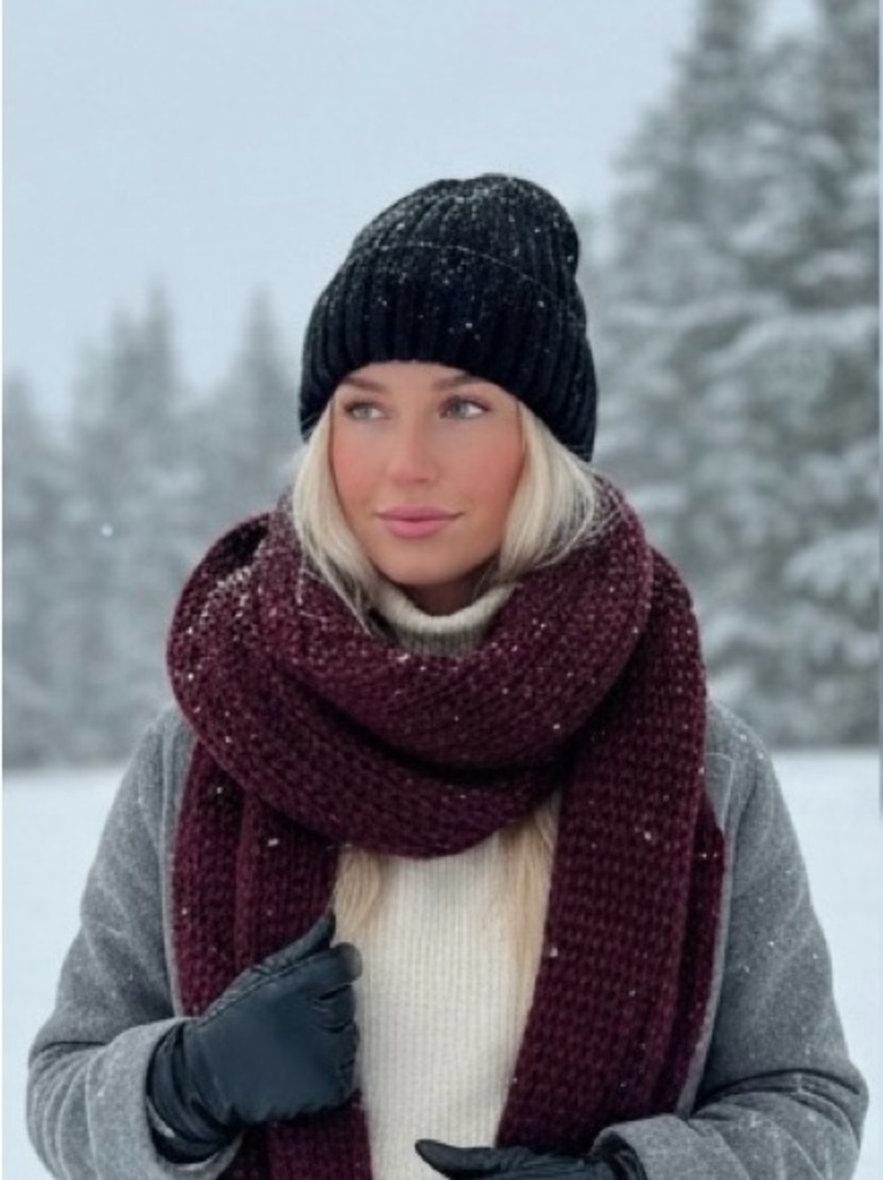 Aldo Black Rib Knit Beanie with Burgundy Chunky Infinity Scarf